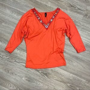 Marciano Red Embellished V-Neck Long Dolman sleeves top